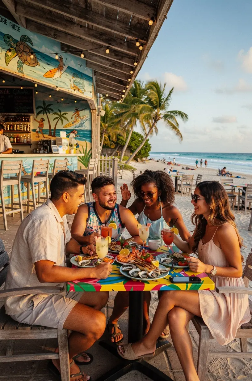 Pristine sandy beach with gentle waves, sunbathers, and families enjoying recreational activities.
