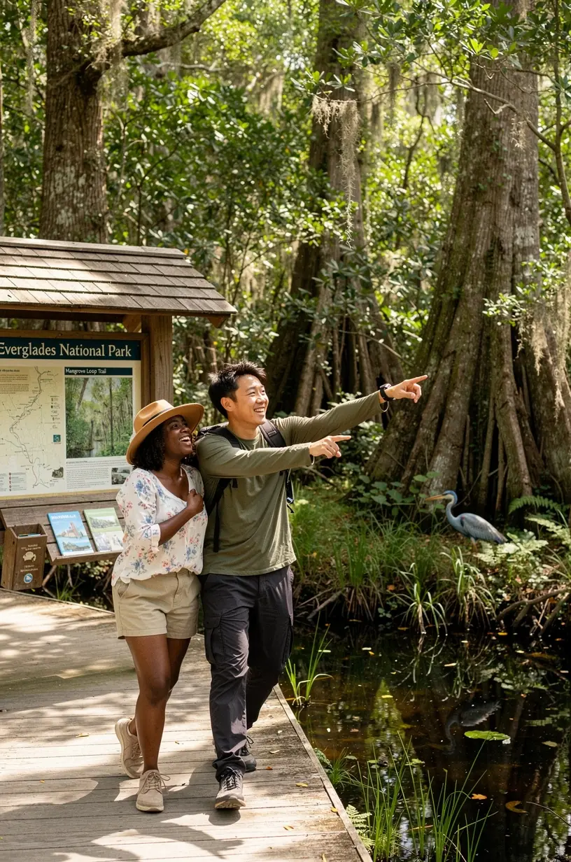 Nature reserve trail surrounded by lush greenery and native wildlife typical of Florida’s coastal ecosystems.